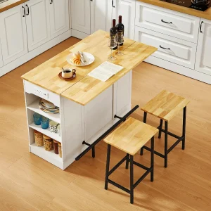 Kitchen Islands , 2 Chairs, 47" Drop Leaf, Spice Rack & Trash Can,