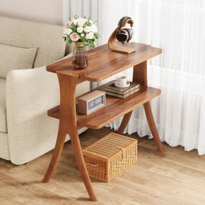 Walnut Side Table Narrow 2-Tier Storage Shelf