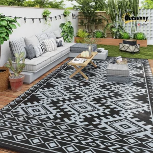 Outdoor Rug, 9' x 18' Floor Mat, Black Gray Border